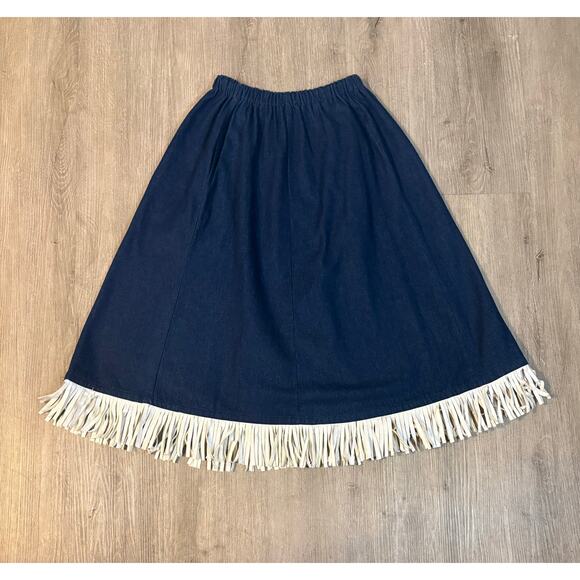 Vintage Western Dark Jean Midi Skirt Fringe Cowgirl Rockabilly M/L 1950's Pin-up - Picture 4 of 9